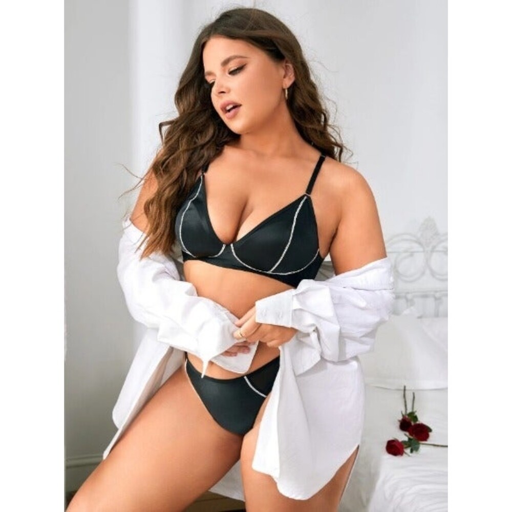 2X Plus Size Black Top-stitching Rhinestone Crisscross Backless Lingerie Set